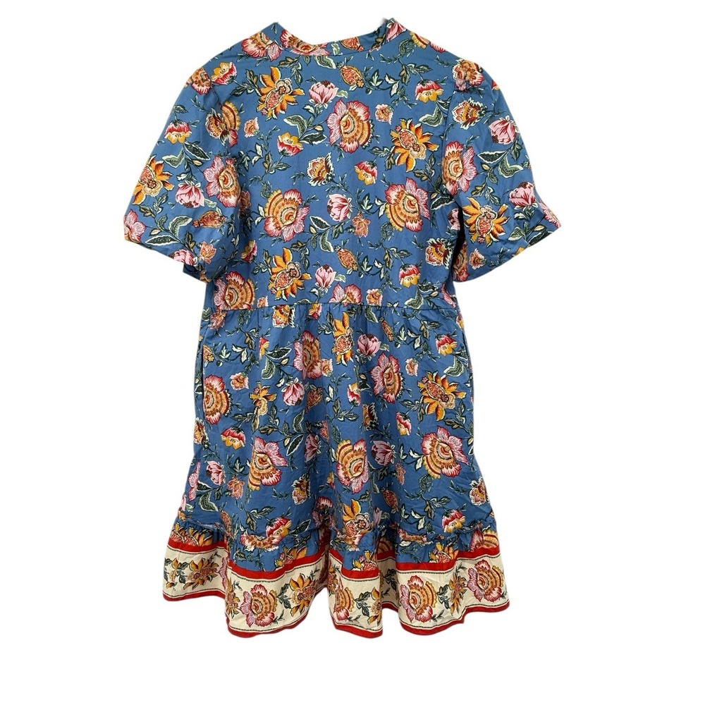 Joie Women Sz 16 Floral Puff Sleeve Dress Boho Blue Button Front Pockets Shift - Picture 2 of 12